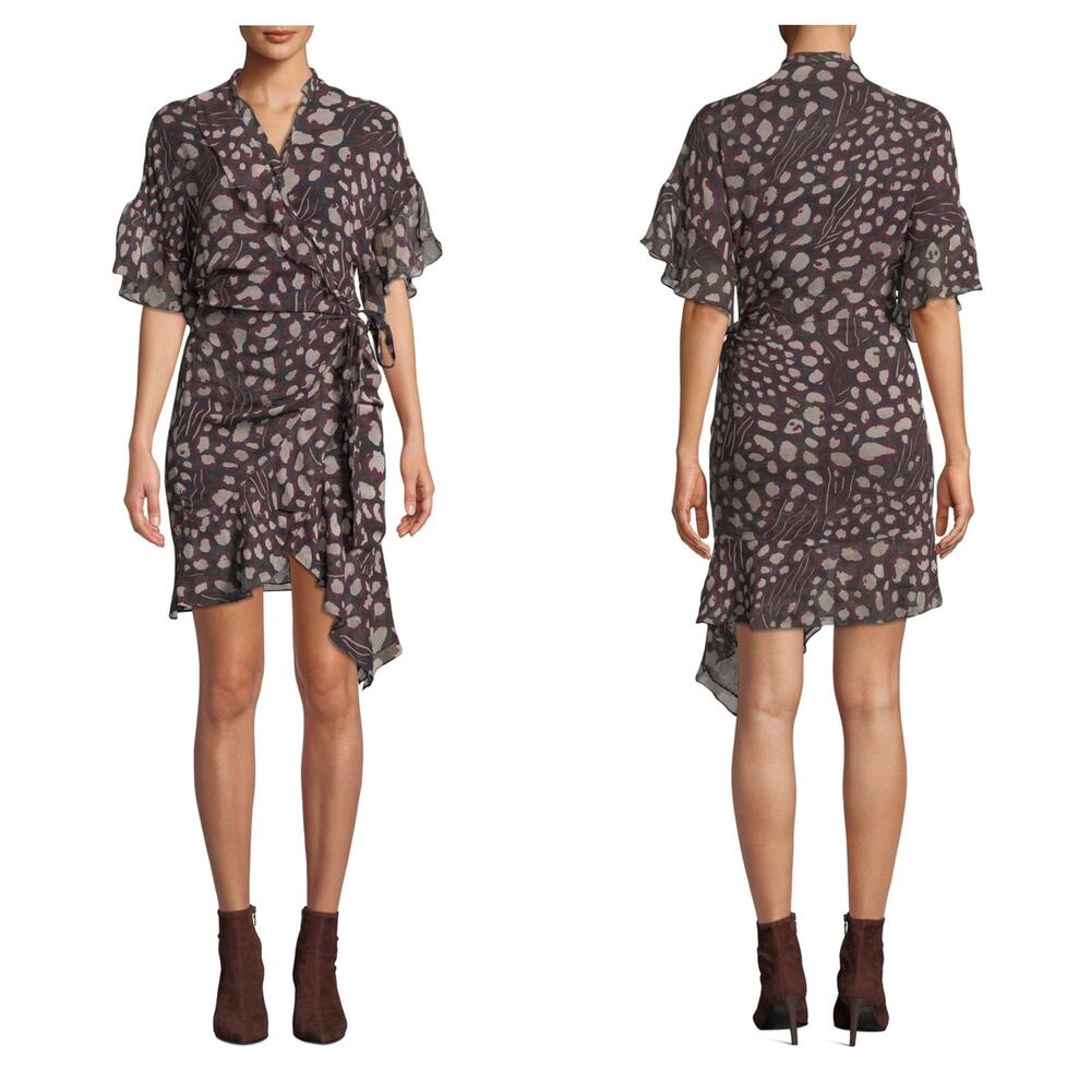 IRO Link Abstract Dot Printed Viscose Flounce Ruffle Wrap Dress Size 36 Chiffon